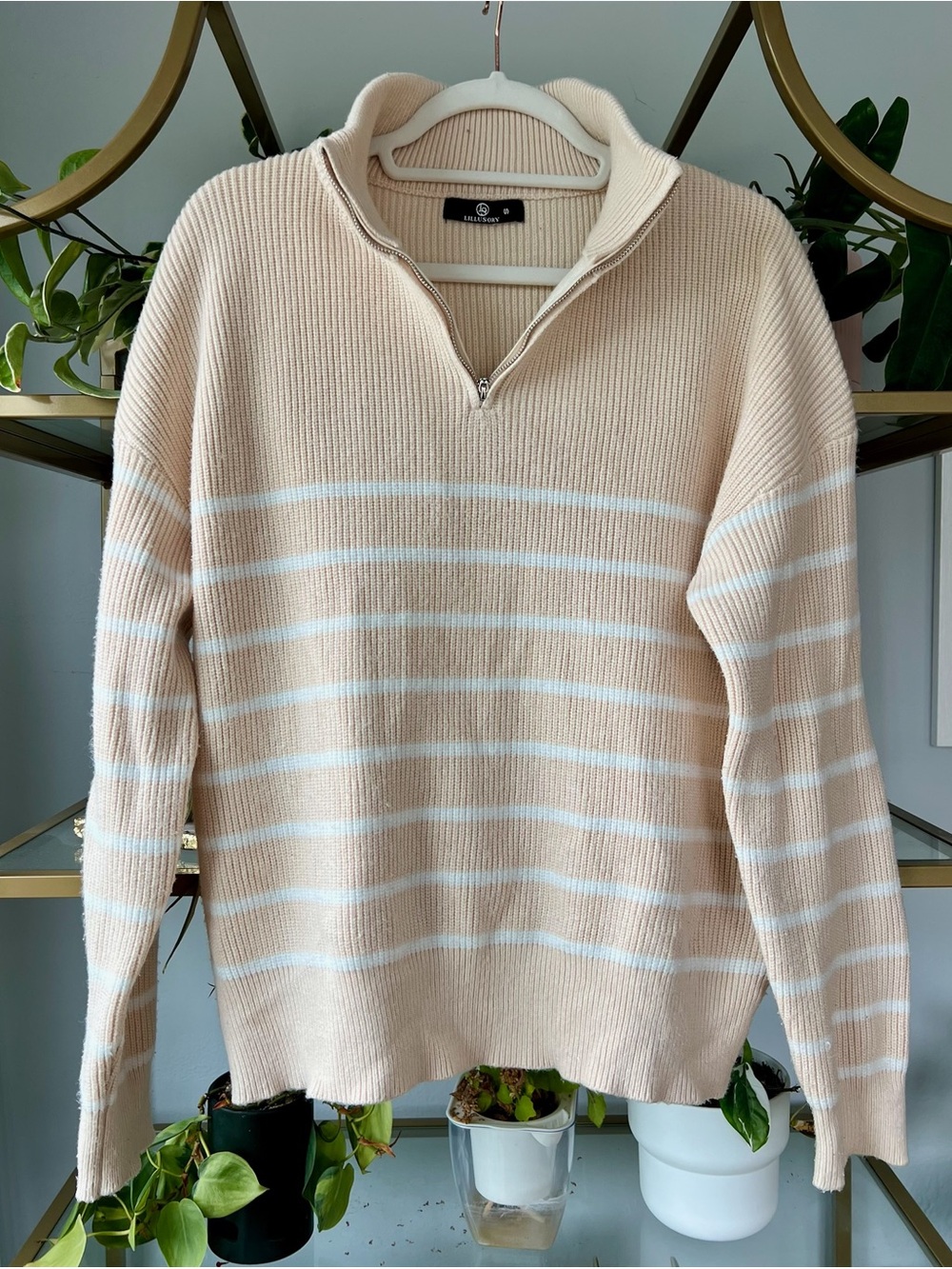 LILLUSORY Beige Stripe Quarter Zip Rib Knit Sweater Size Small